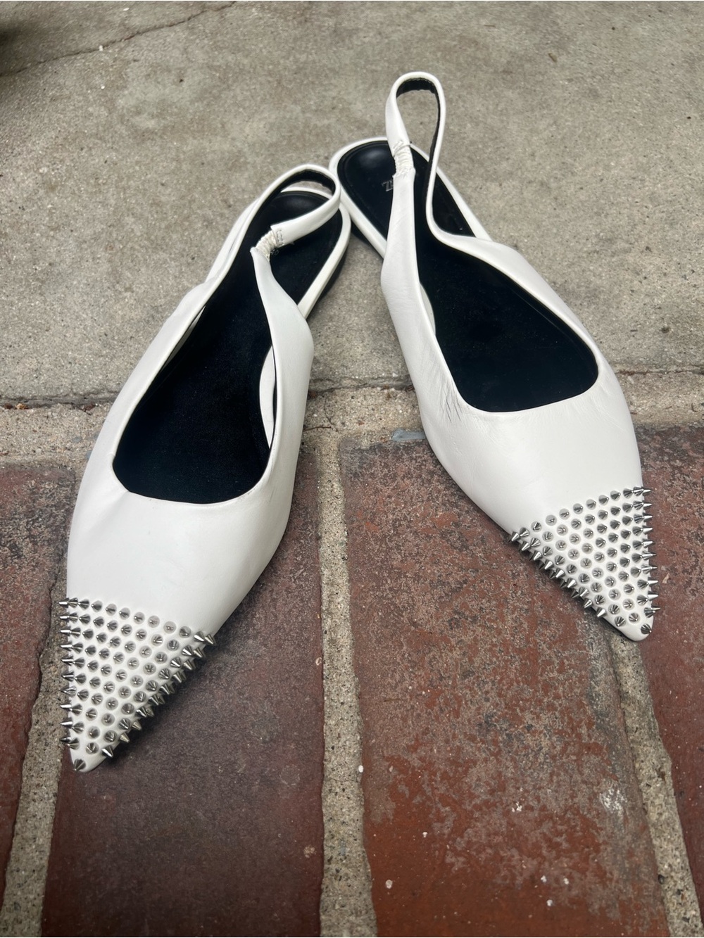 Zara White Pointed Slingback Flats with Spike Studded Toe Size 40